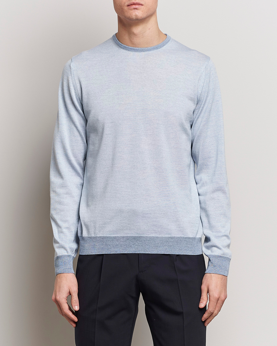 Herre | Trøjer | Stenströms | Merino Contrast Crew Neck Light Blue