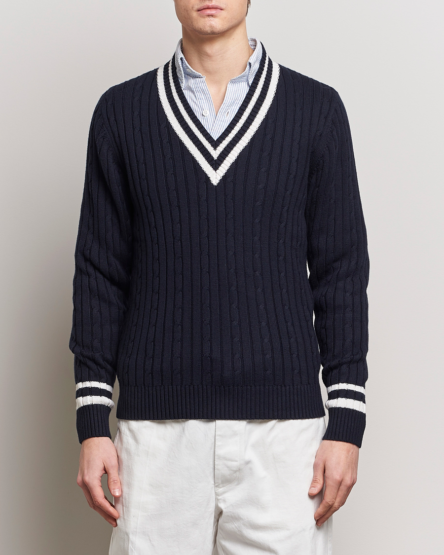 Herre | Tøj | Stenströms | Cotton/Cashmere Cable V-Neck Navy