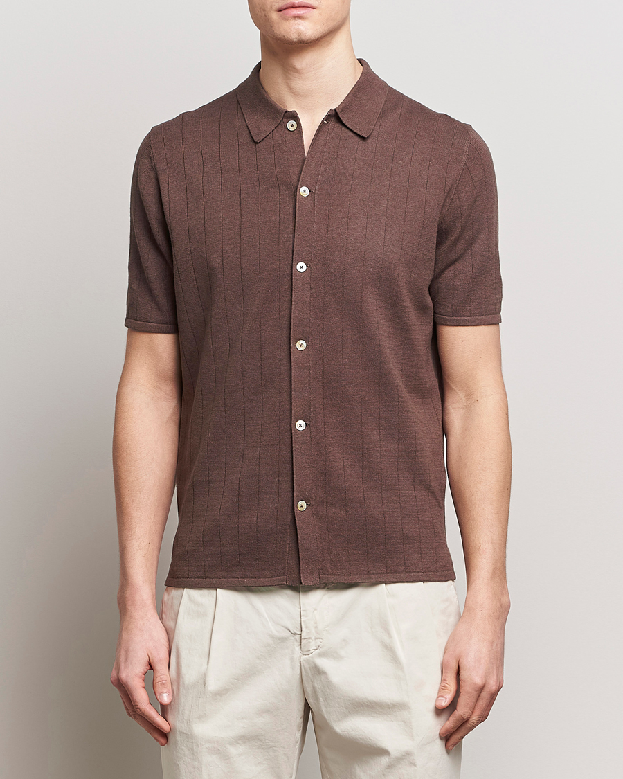 Herre | Polotrøjer | Stenströms | Linen/Cotton Rib Knitted Buttonthru Shirt Brown