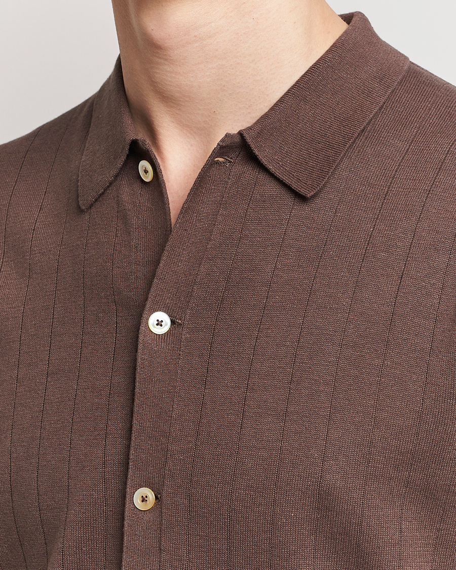 Herre | Polotrøjer | Stenströms | Linen/Cotton Rib Knitted Buttonthru Shirt Brown