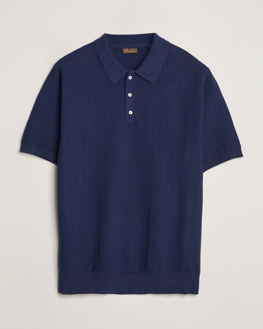 Herre | Polotrøjer | Stenströms | Linen/Cotton Crochet Knitted Polo Shirt Navy