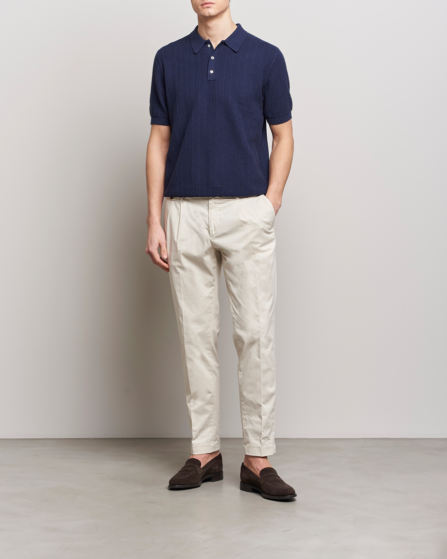 Herre | Polotrøjer | Stenströms | Linen/Cotton Crochet Knitted Polo Shirt Navy