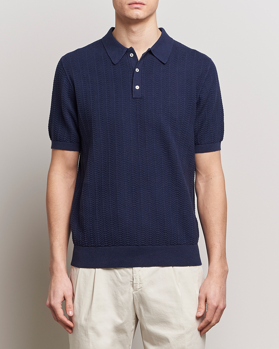 Herre | Business & Beyond | Stenströms | Linen/Cotton Crochet Knitted Polo Shirt Navy