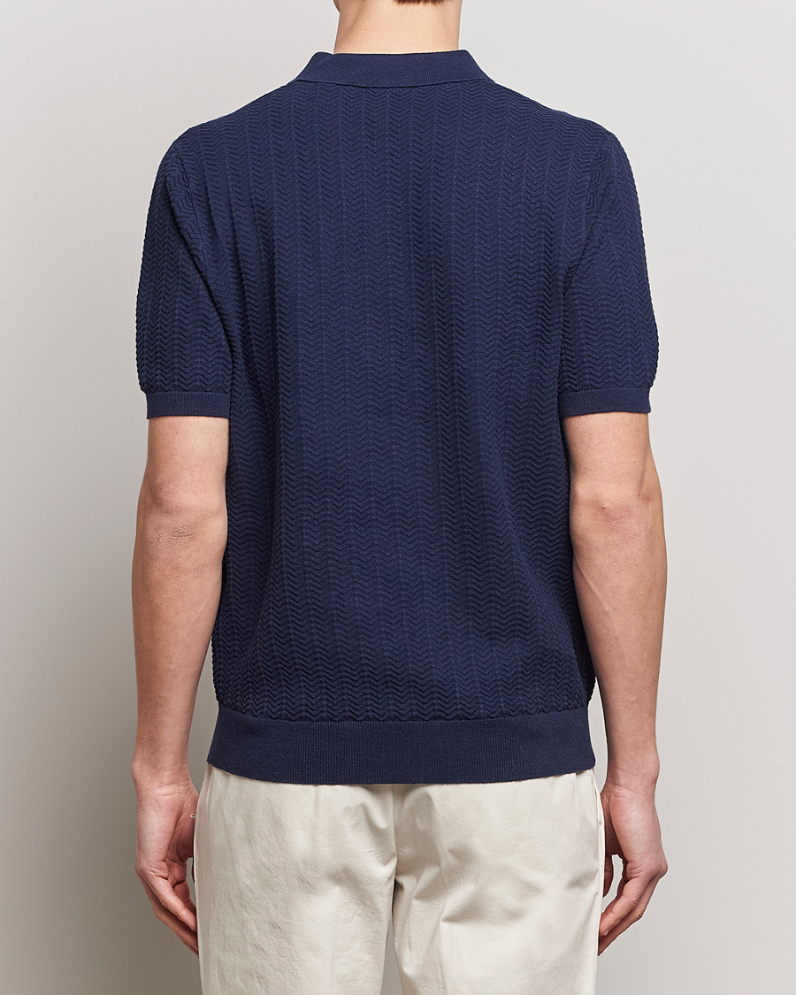 Herre | Polotrøjer | Stenströms | Linen/Cotton Crochet Knitted Polo Shirt Navy