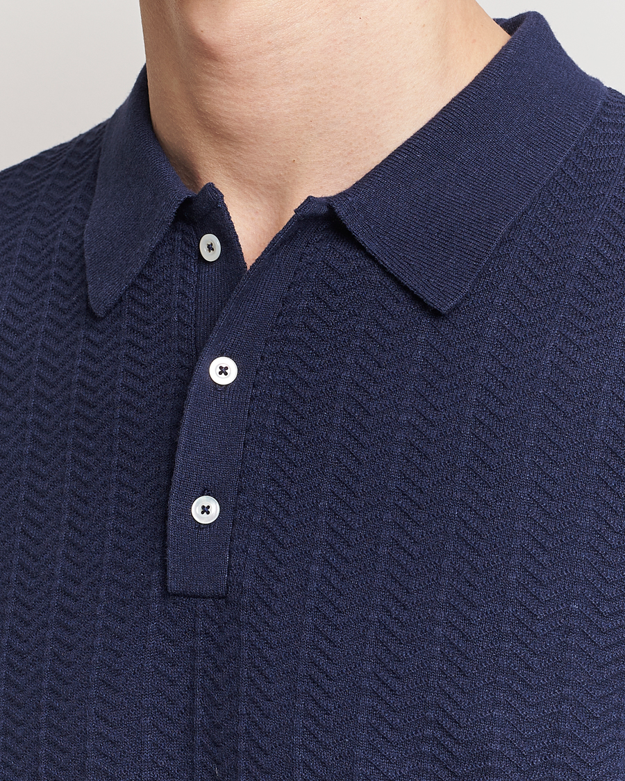 Herre | Polotrøjer | Stenströms | Linen/Cotton Crochet Knitted Polo Shirt Navy