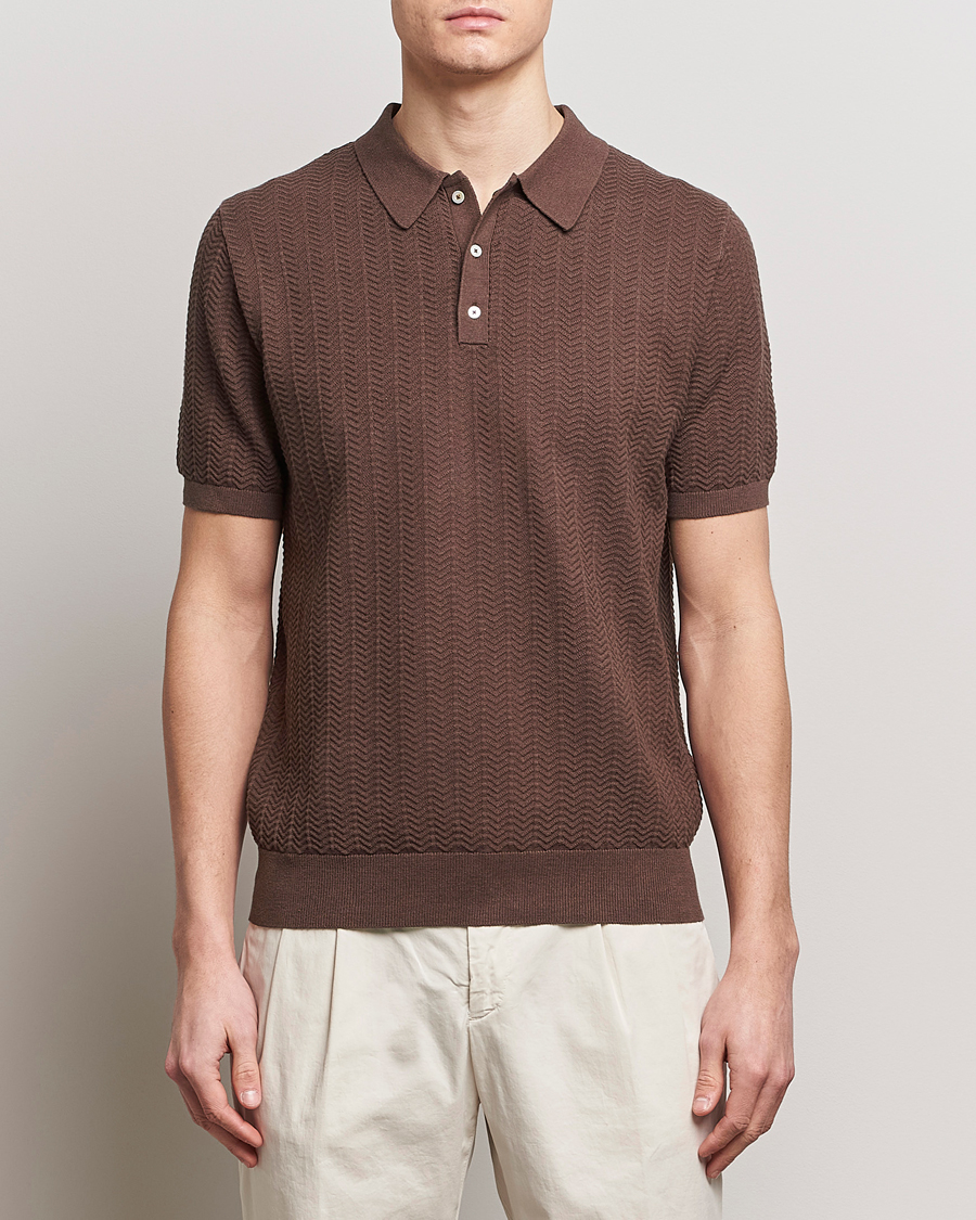 Herre | Kortærmede polotrøjer | Stenströms | Linen/Cotton Crochet Knitted Polo Shirt Brown