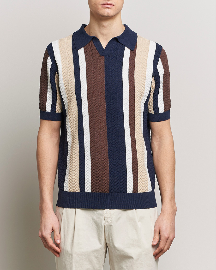 Herre | Polotrøjer | Stenströms | Linen/Cotton Striped Crochet Knitted Polo Multi