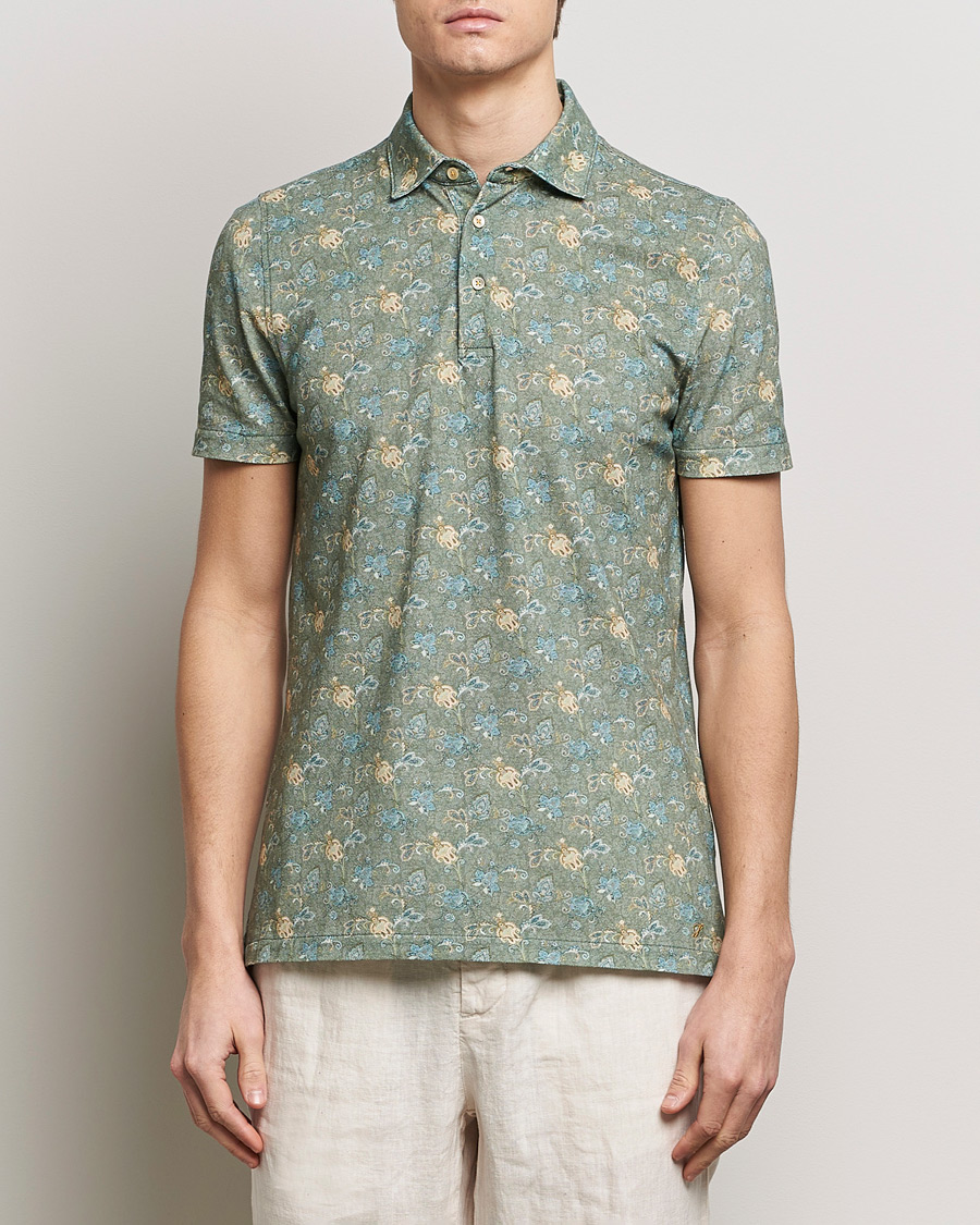 Herre |  | Stenströms | Cotton Pique Paisley Printed Polo Shirt Green