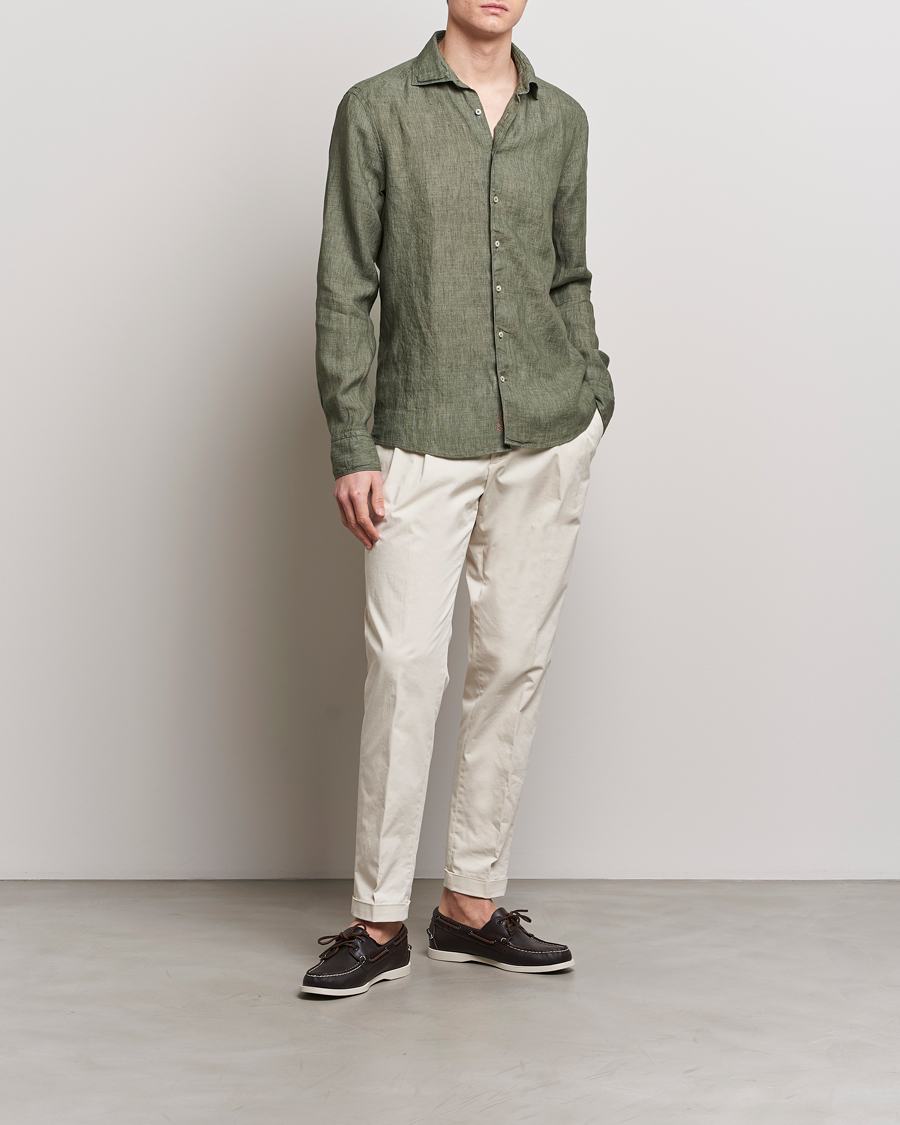 Herre | Skjorter | Stenströms | Slimline Cut Away Linen Shirt Olive