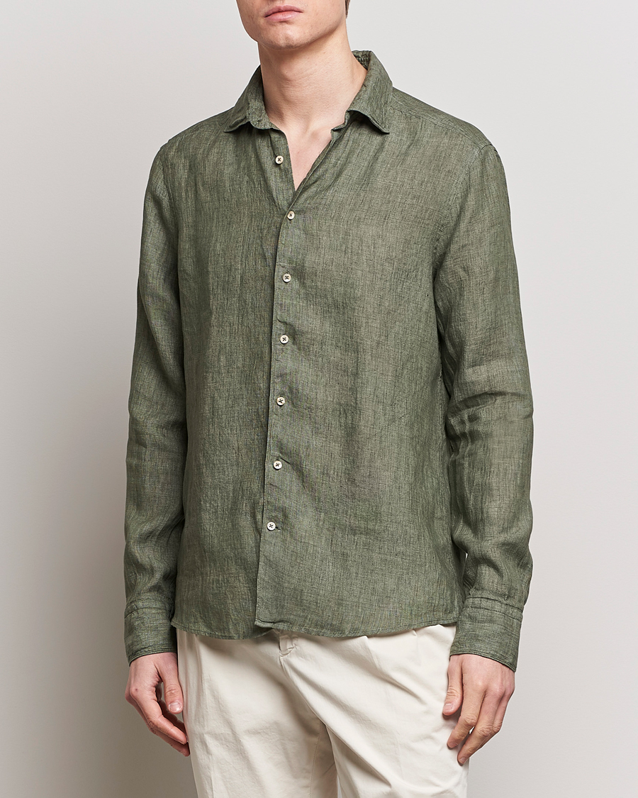 Herre | The linen lifestyle | Stenströms | Slimline Cut Away Linen Shirt Olive