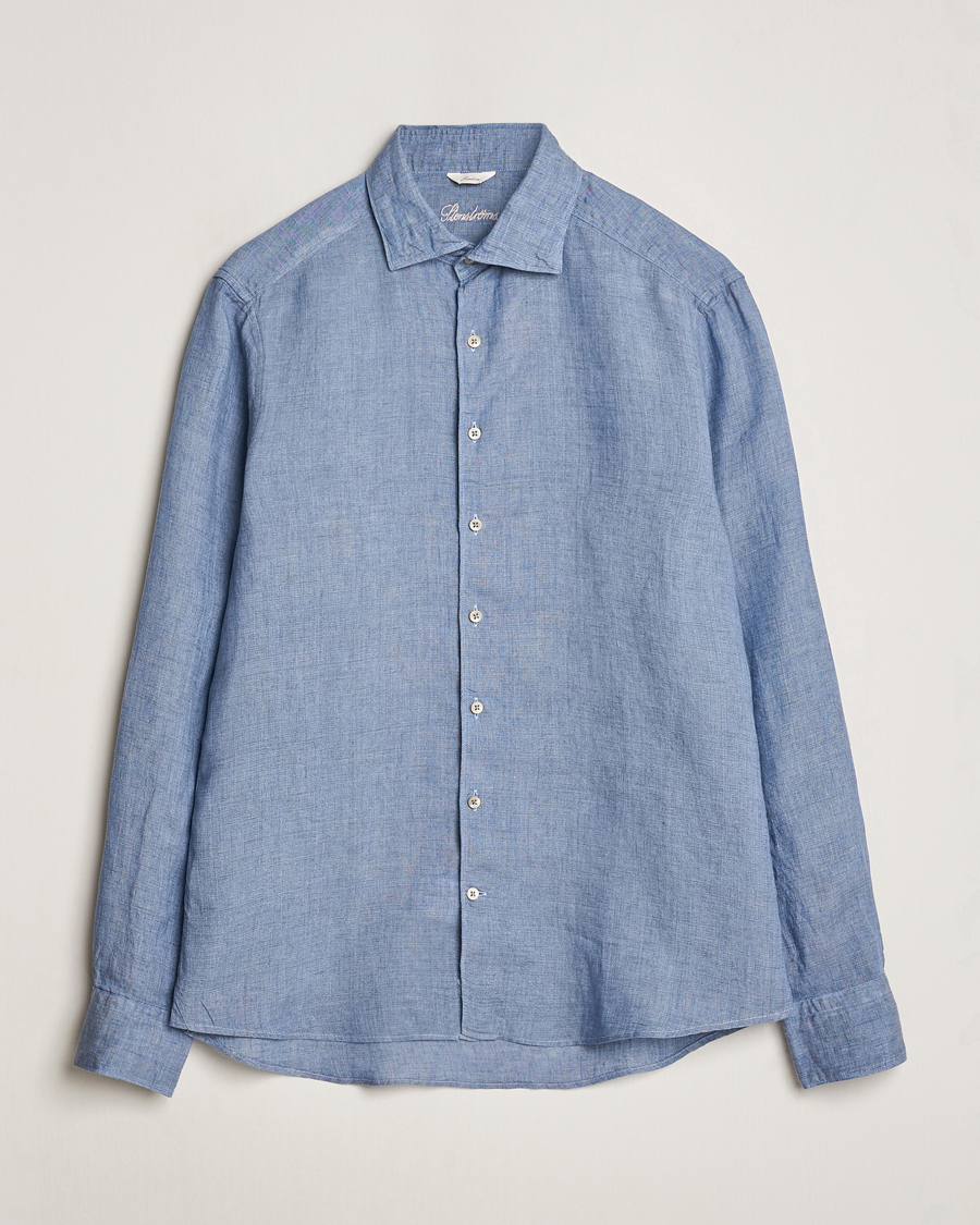 Herre |  | Stenströms | Slimline Cut Away Linen Shirt Steel Blue