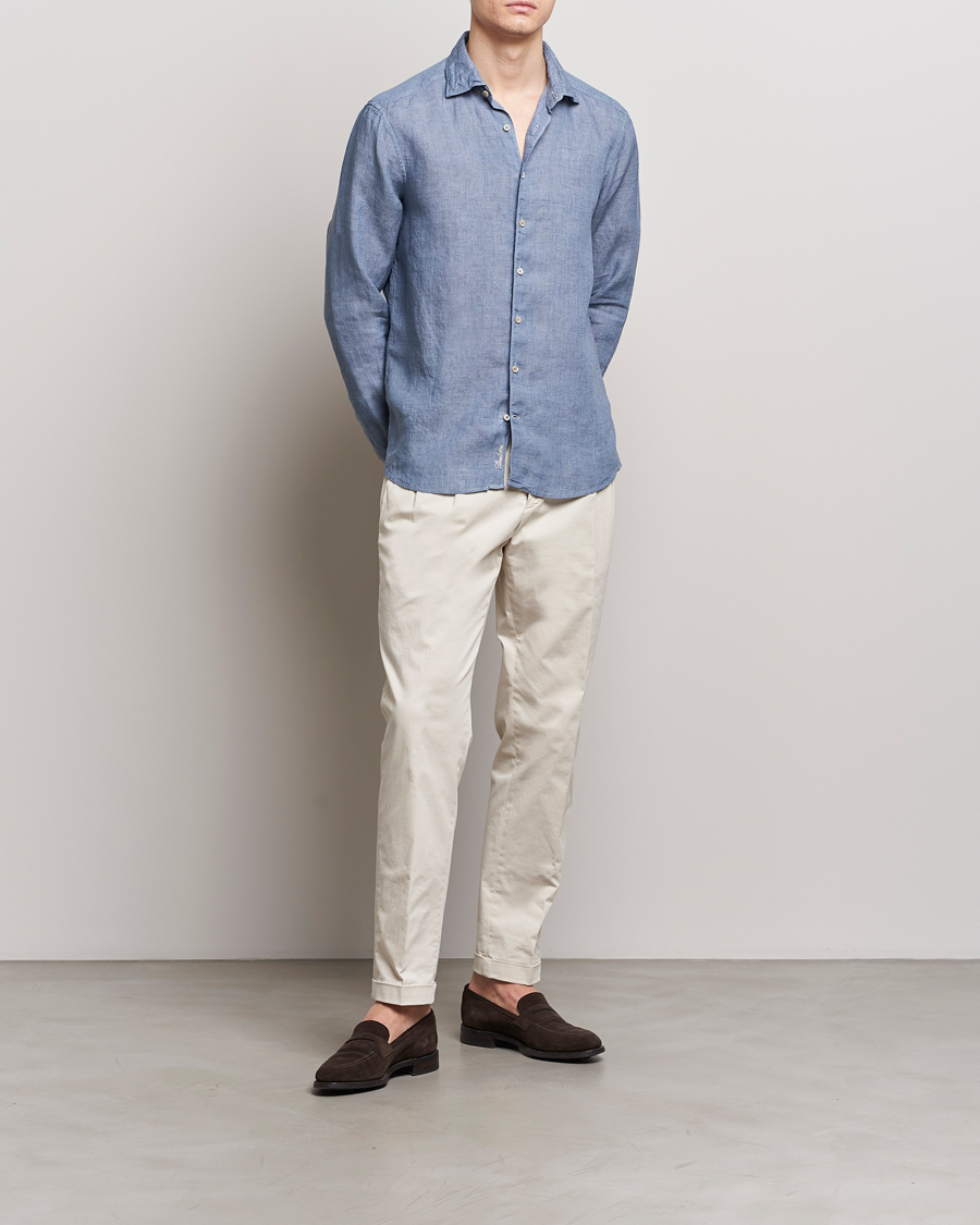 Herre | Skjorter | Stenströms | Slimline Cut Away Linen Shirt Steel Blue