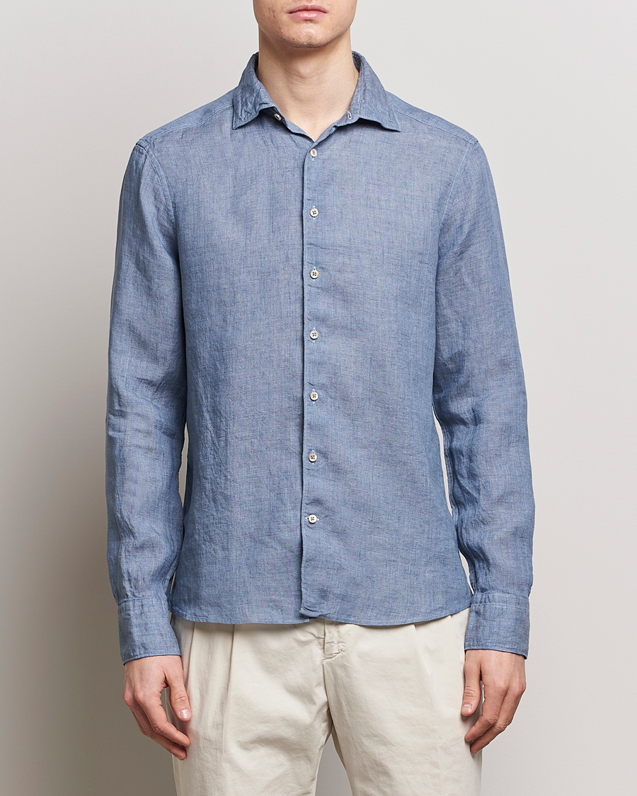 Herre |  | Stenströms | Slimline Cut Away Linen Shirt Steel Blue