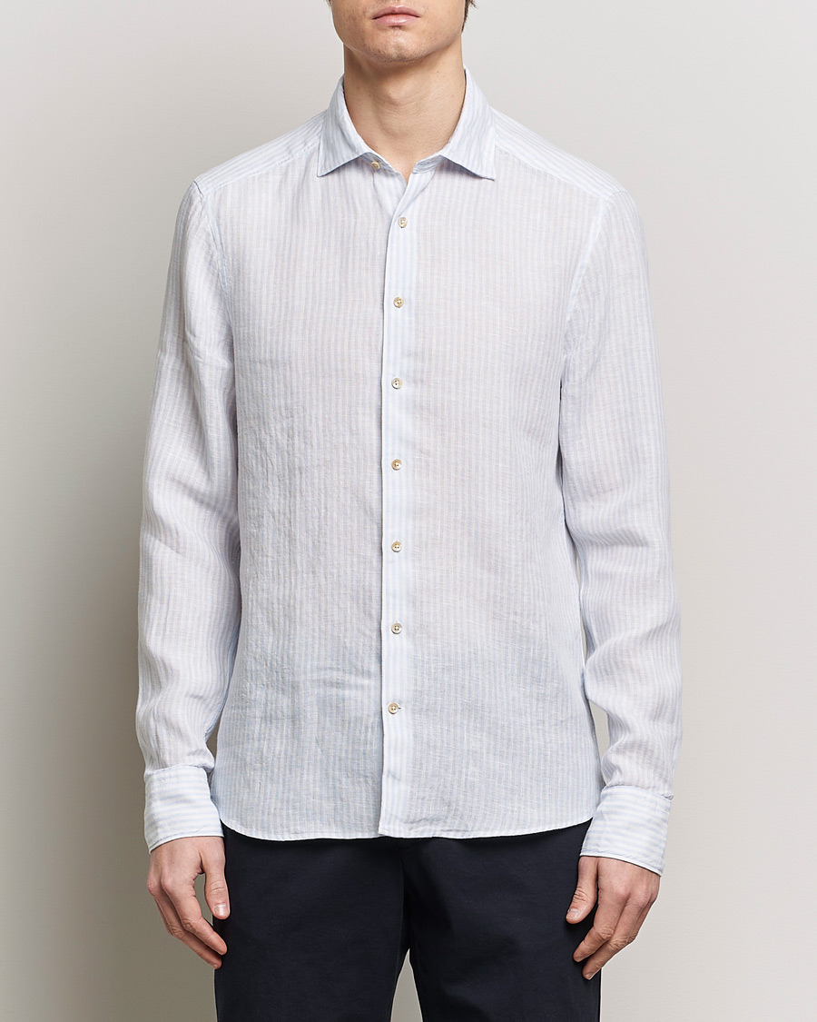 Herre | Hørskjorter | Stenströms | Slimline Cut Away Striped Linen Shirt Light Blue