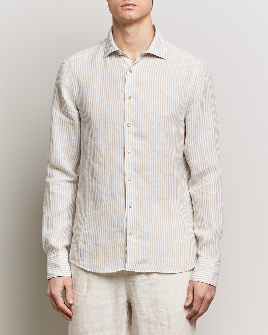 Herre | Hørskjorter | Stenströms | Slimline Cut Away Striped Linen Shirt Beige