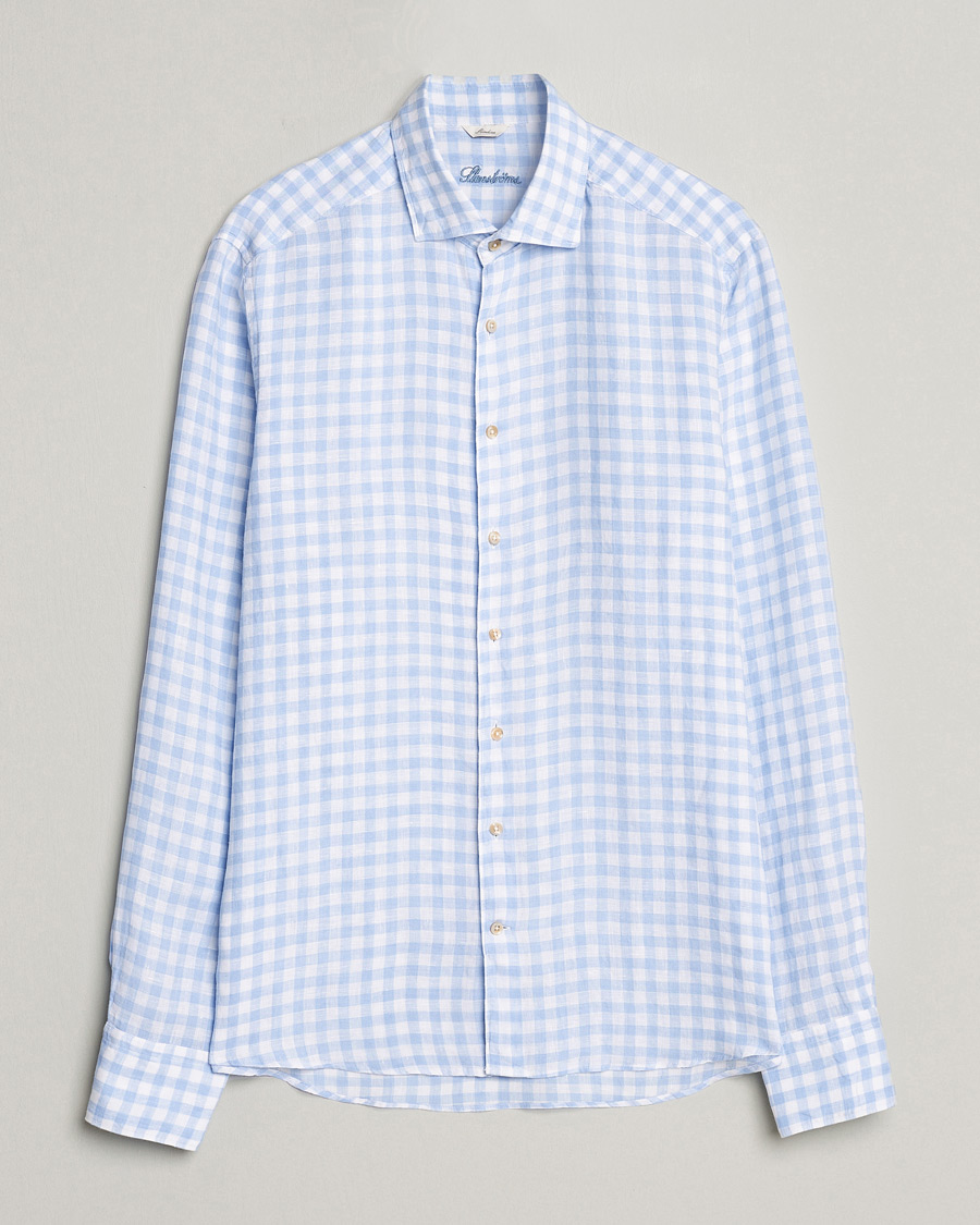 Herre | Skjorter | Stenströms | Slimline Cut Away Checked Linen Shirt Light Blue
