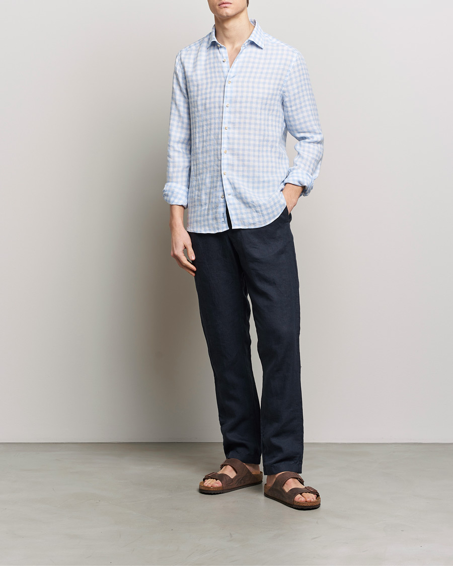 Herre | Skjorter | Stenströms | Slimline Cut Away Checked Linen Shirt Light Blue
