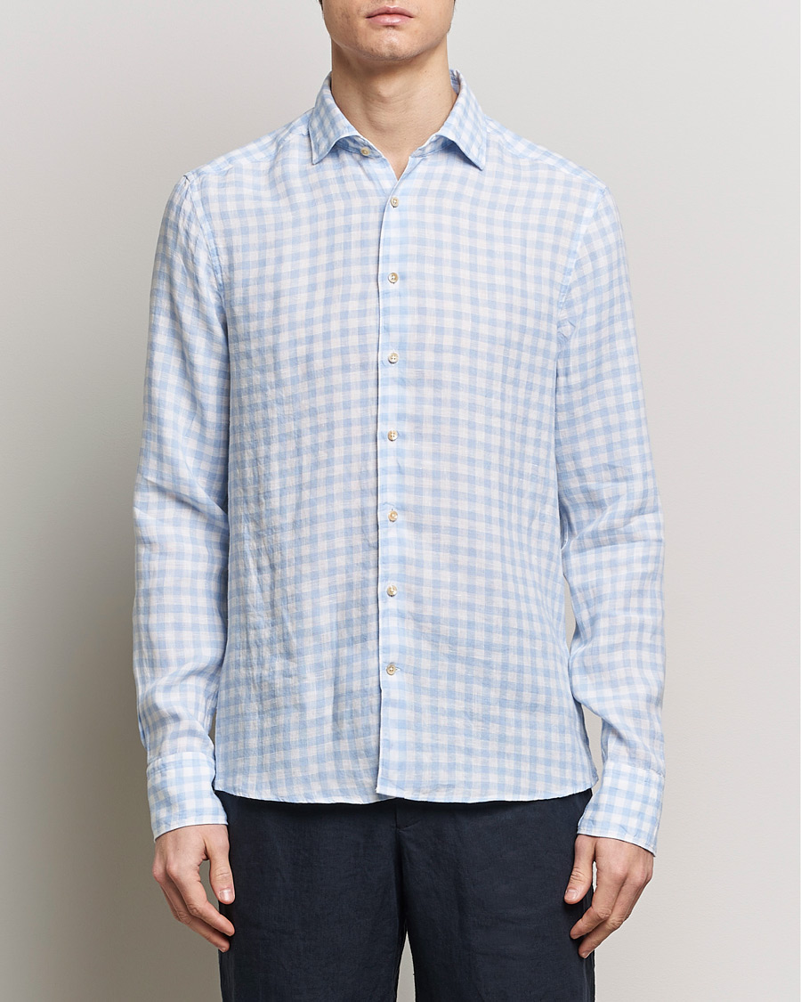 Herre | Hørskjorter | Stenströms | Slimline Cut Away Checked Linen Shirt Light Blue