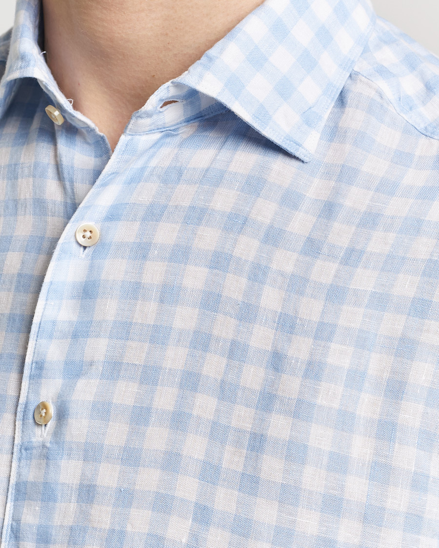 Herre | Skjorter | Stenströms | Slimline Cut Away Checked Linen Shirt Light Blue