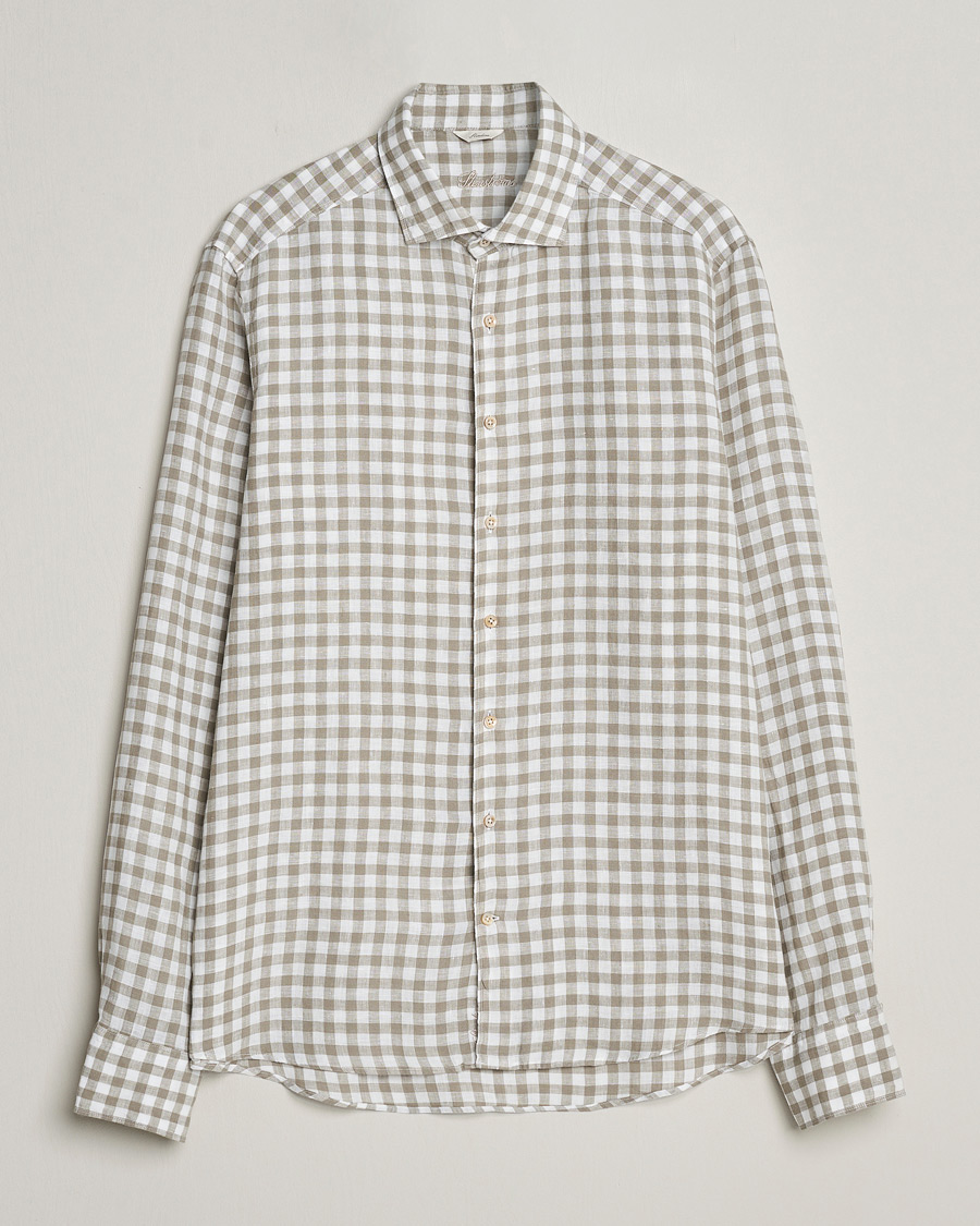 Herre |  | Stenströms | Slimline Cut Away Checked Linen Shirt Light Grey