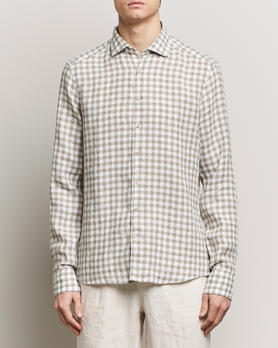 Herre | Tøj | Stenströms | Slimline Cut Away Checked Linen Shirt Light Grey