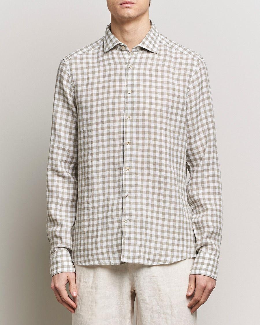 Herre | Hørskjorter | Stenströms | Slimline Cut Away Checked Linen Shirt Light Grey