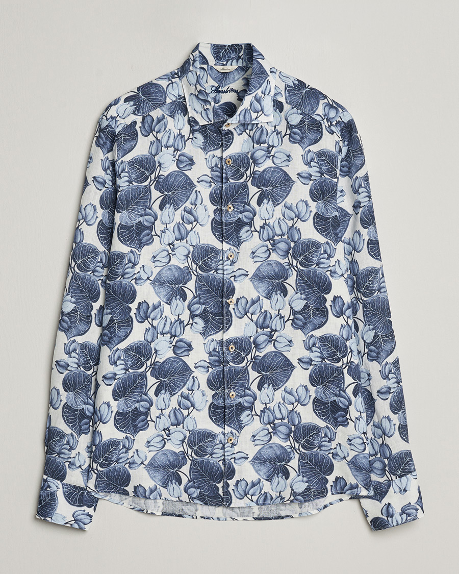 Herre | Skjorter | Stenströms | Slimline Cut Away Printed Flower Linen Shirt Blue