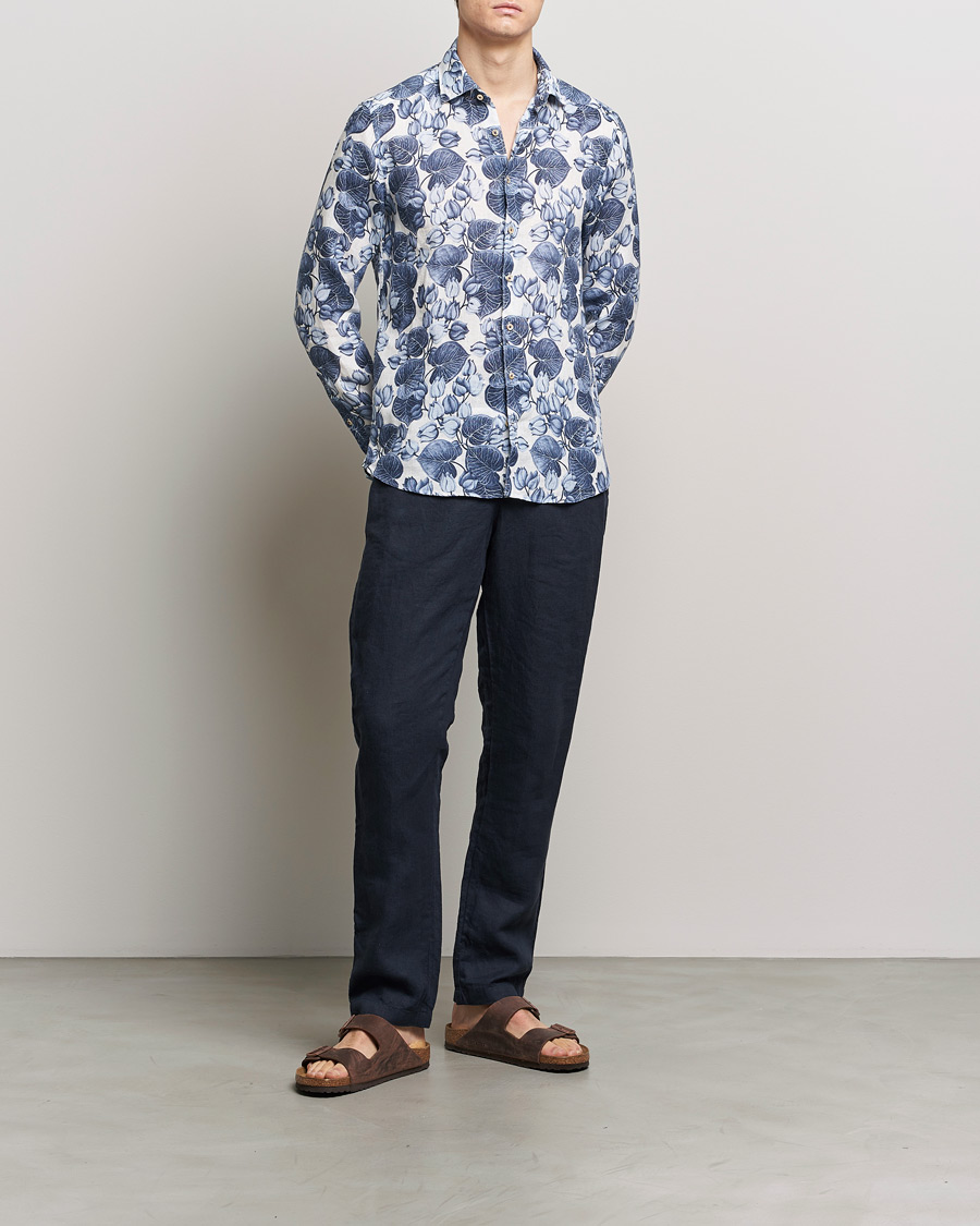 Herre | Skjorter | Stenströms | Slimline Cut Away Printed Flower Linen Shirt Blue
