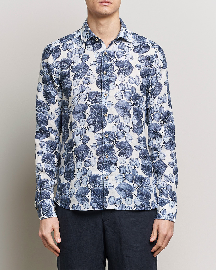 Herre | Hørskjorter | Stenströms | Slimline Cut Away Printed Flower Linen Shirt Blue