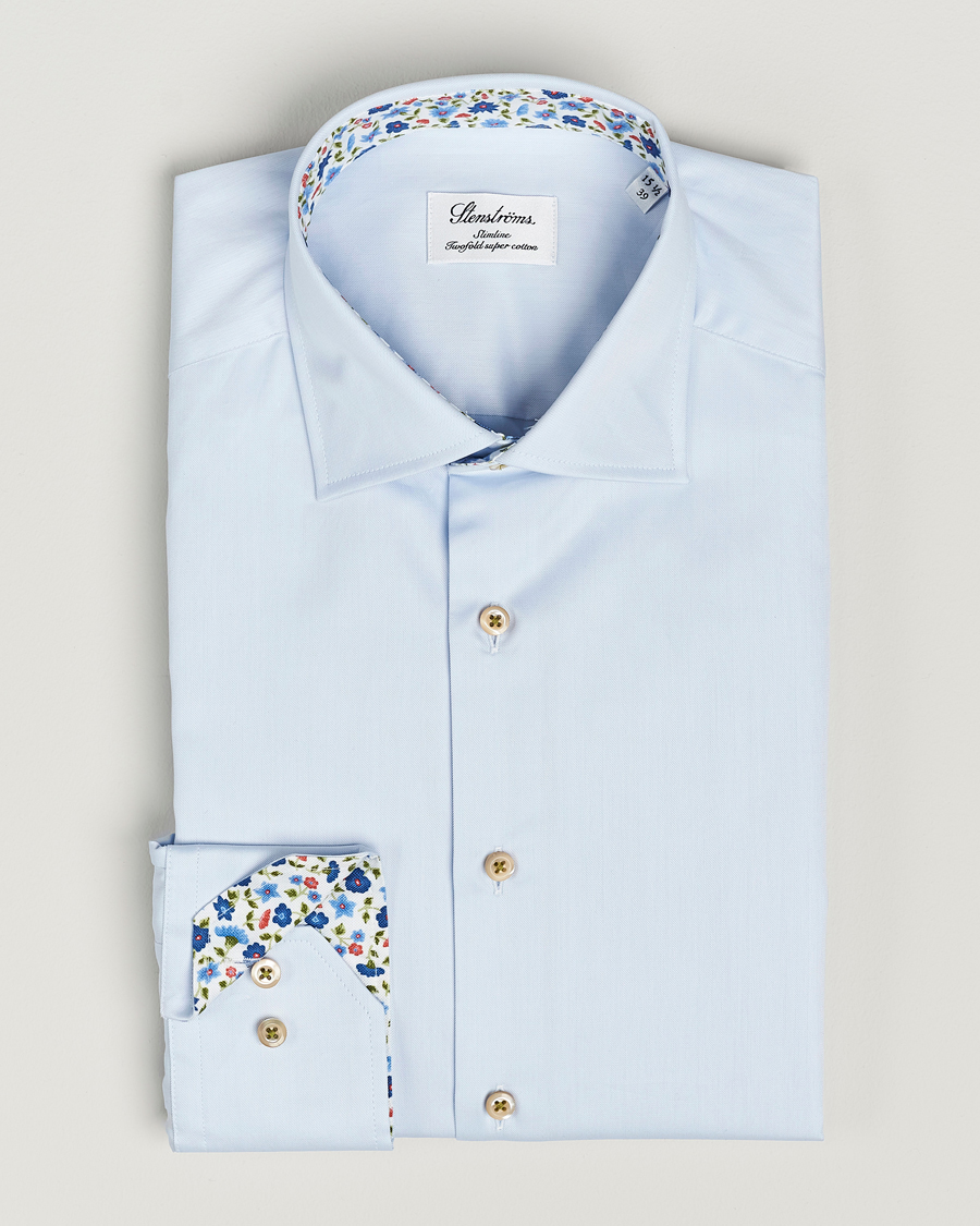 Herre | Skjorter | Stenströms | Slimline Cut Away Flower Contrast Shirt Light Blue