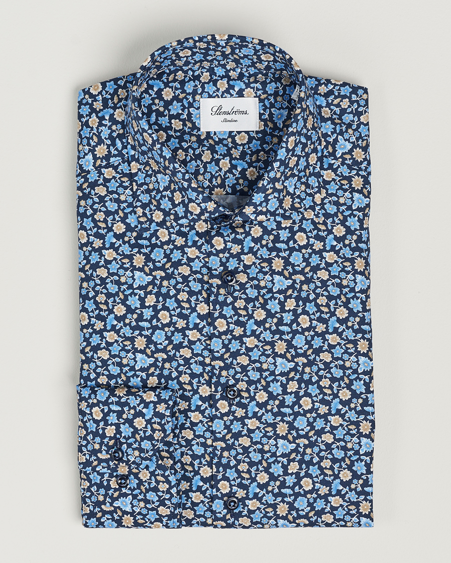 Herre | Skjorter | Stenströms | Slimline Cut Away Printed Flower Shirt Navy