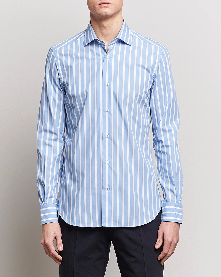 Herre | Casual | Mazzarelli | Soft Cotton Cut Away Shirt Blue/White Stripe