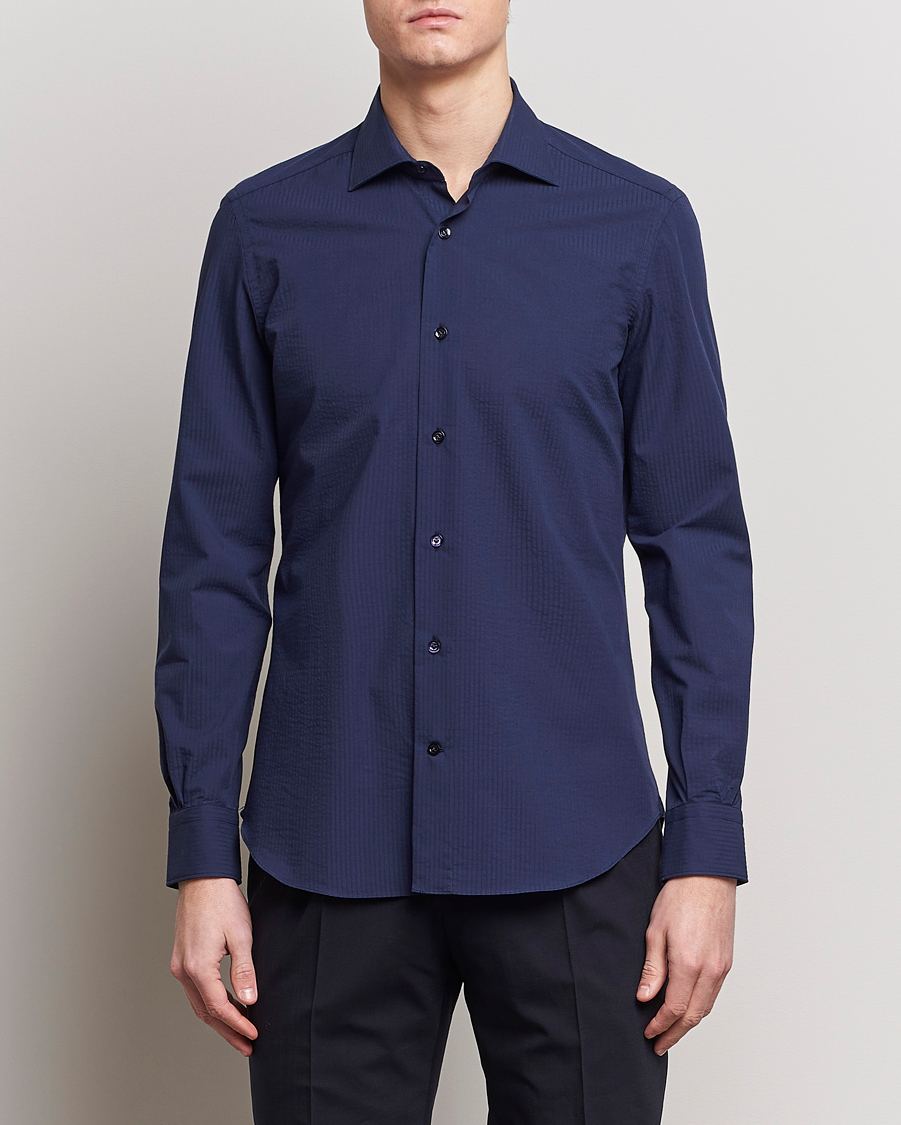 Herre | Italian Department | Mazzarelli | Soft Tonal Seersucker Shirt Navy