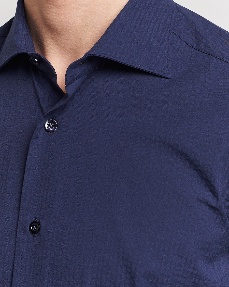 Herre | Skjorter | Mazzarelli | Soft Tonal Seersucker Shirt Navy