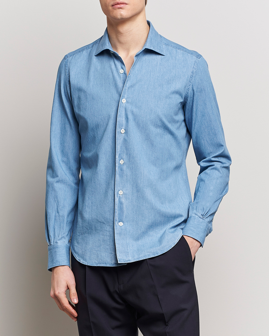 Herre | Skjorter | Mazzarelli | Soft Cotton Denim Shirt Blue Wash