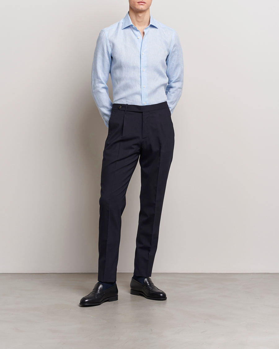 Herre | Skjorter | Mazzarelli | Soft Linen Cut Away Shirt Light Blue