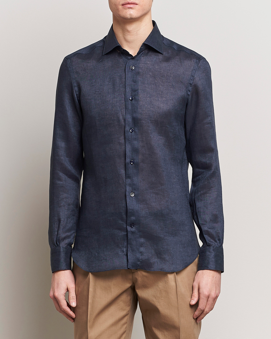 Herre | Casual | Mazzarelli | Soft Linen Cut Away Shirt Navy