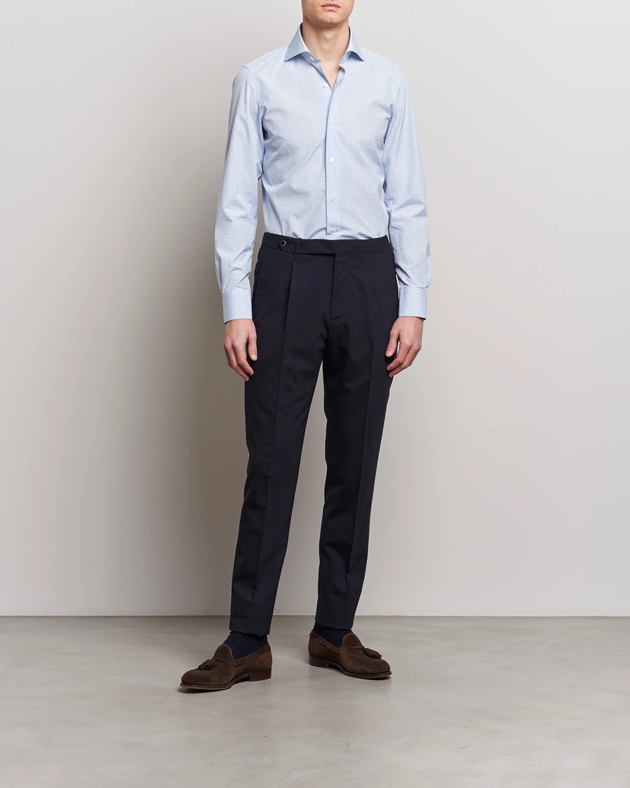 Herre | Businesskjorter | Finamore Napoli | Milano Slim Checked Dress Shirt Light Blue