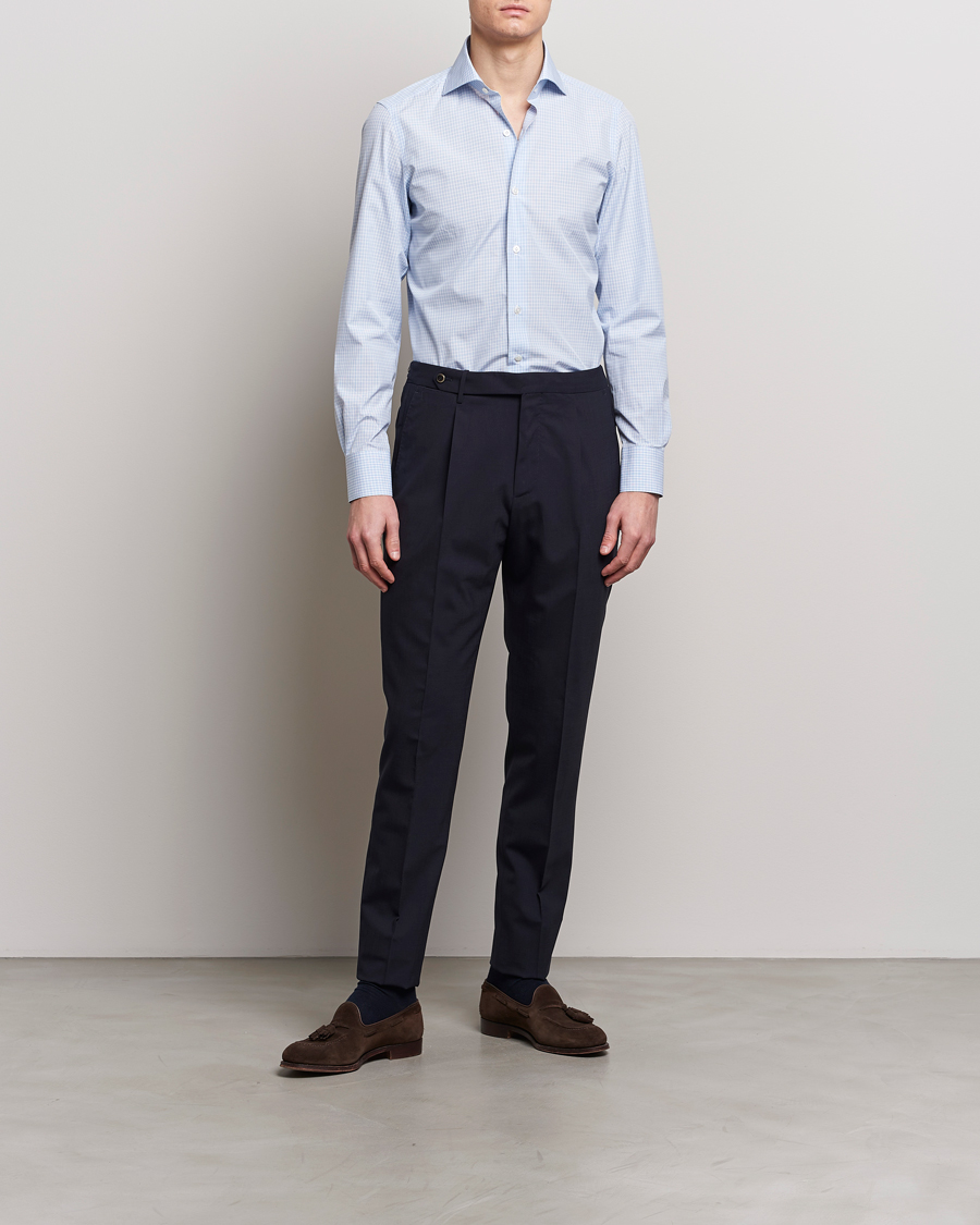 Herre | Afdelinger | Finamore Napoli | Milano Slim Checked Dress Shirt Light Blue