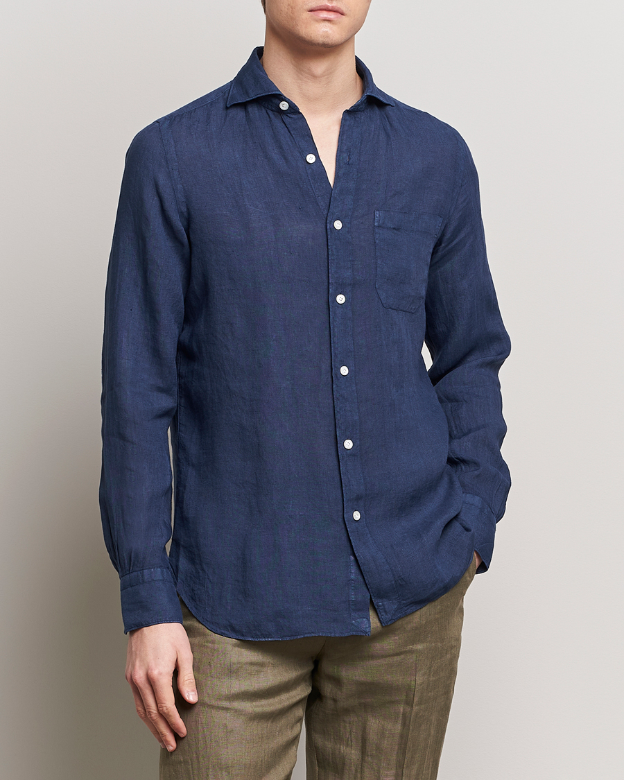 Herre | Afdelinger | Finamore Napoli | Gaeta Linen Pocket Shirt Navy