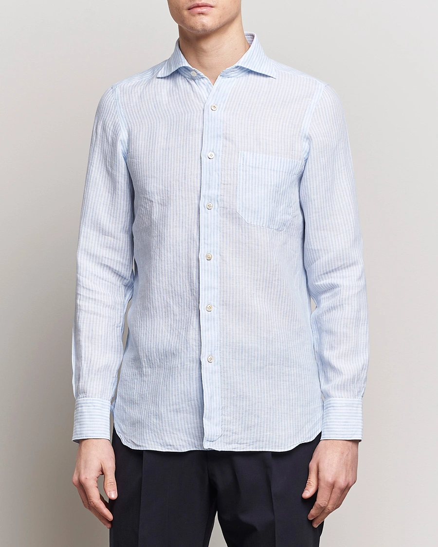 Herr |  | Finamore Napoli | Gaeta Striped Linen Pocket Shirt Light Blue