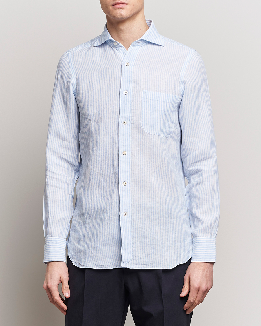 Herre | Hørskjorter | Finamore Napoli | Gaeta Striped Linen Pocket Shirt Light Blue