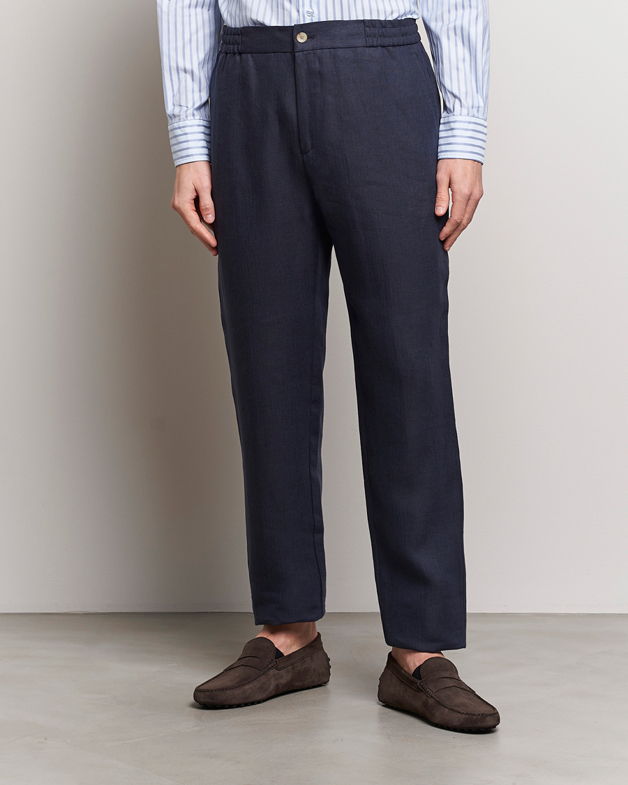 Herre | Drawstringbukser | Etro | Linen Drawstring Trousers Navy