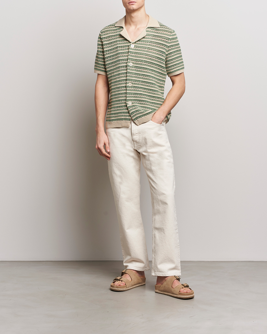 Herre | Skjorter | NN07 | Henry Knitted Striped Short Shleeve Shirt Ecru/Green