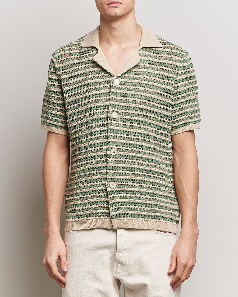 Herr | Skjortor | NN07 | Henry Knitted Striped Short Shleeve Shirt Ecru/Green