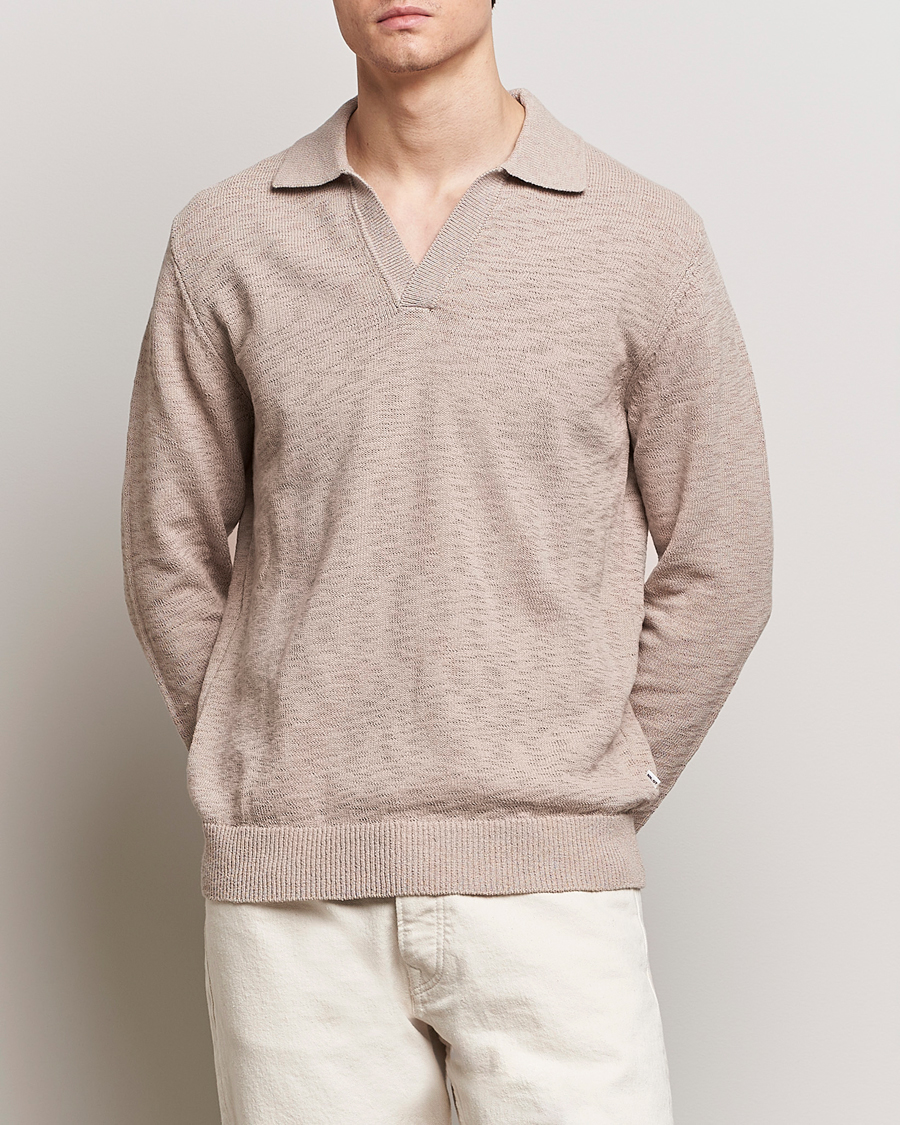 Herre | Udsalg | NN07 | Ryan Long Sleeve Open Collar Knitted Polo Khaki Stone