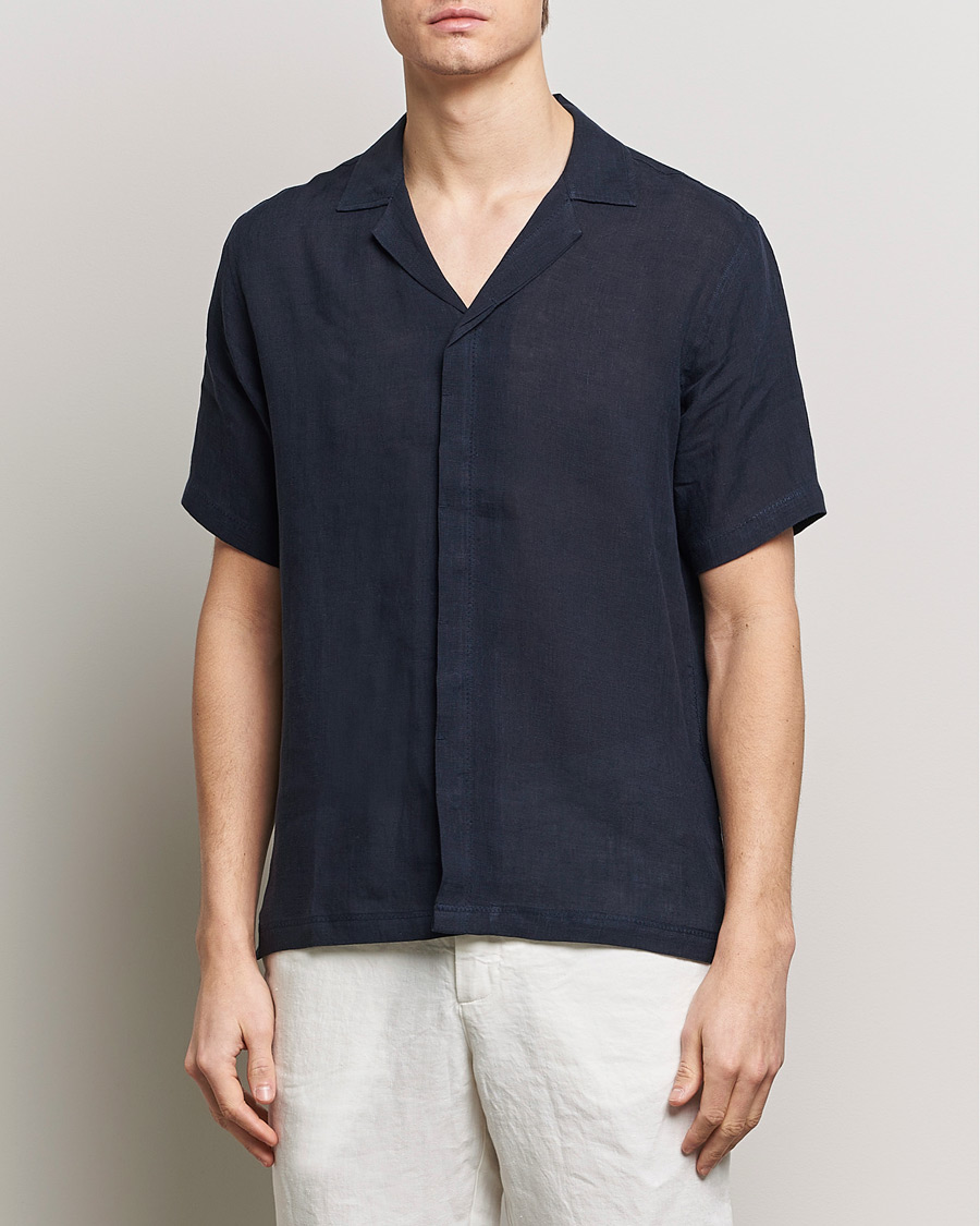 Herre |  | Orlebar Brown | Maitan Short Sleeve Linen Shirt Night Iris