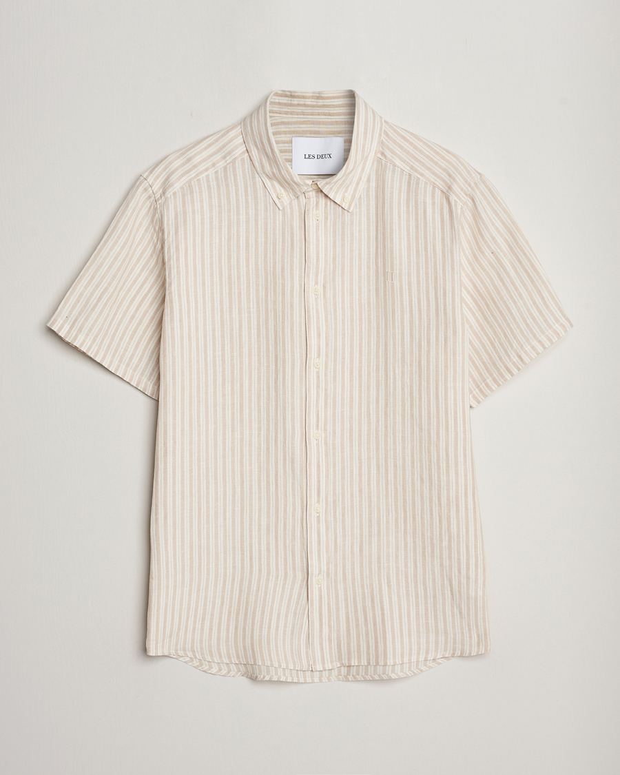 Herr |  | LES DEUX | Kris Linen Striped Short Sleeve Shirt Sand/Ivory