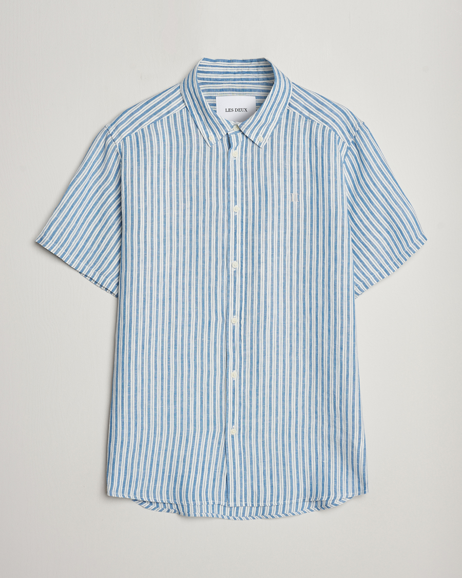 Herr |  | LES DEUX | Kris Linen Striped Short Sleeve Shirt Blue/Ivory