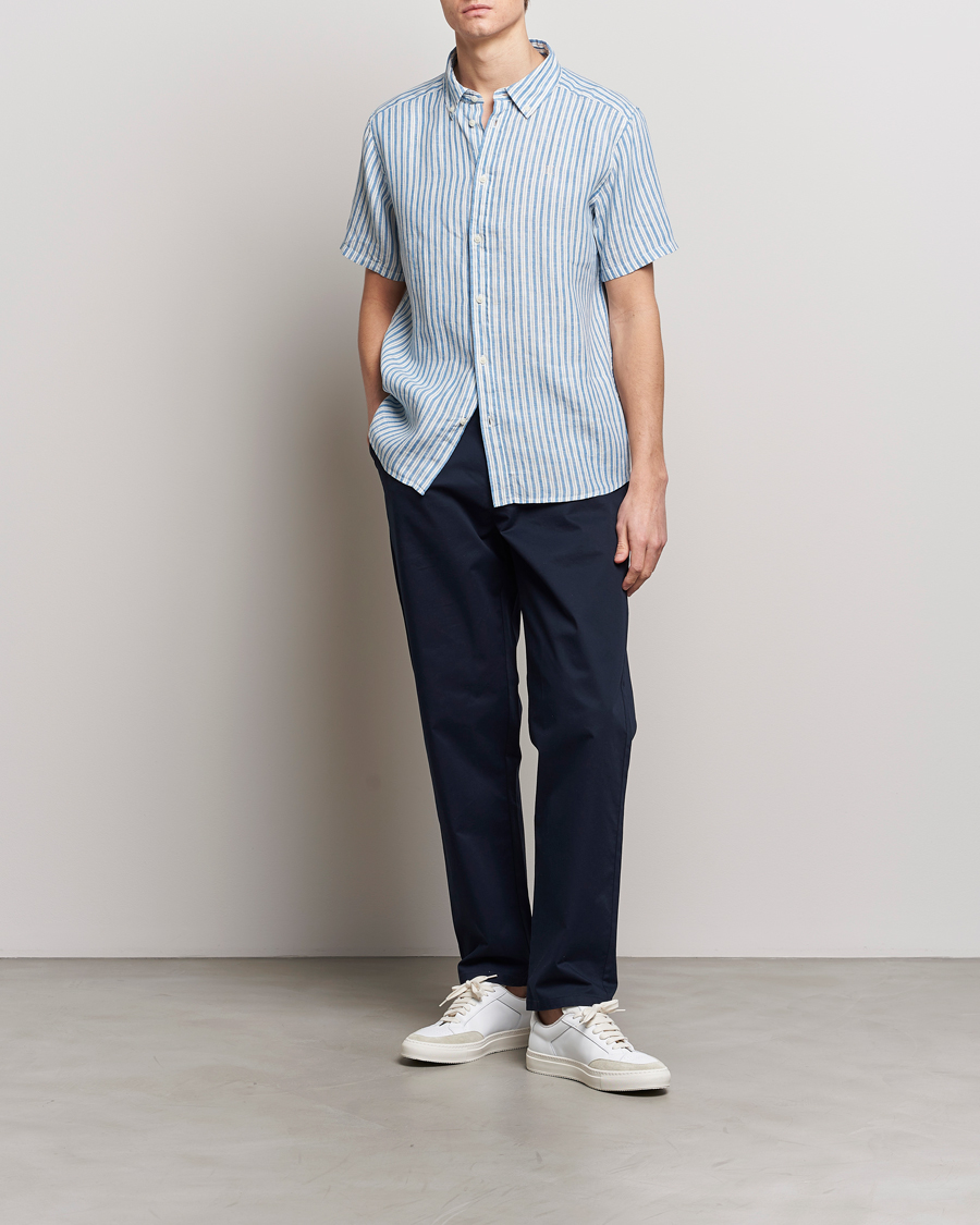 Herre | Skjorter | LES DEUX | Kris Linen Striped Short Sleeve Shirt Blue/Ivory